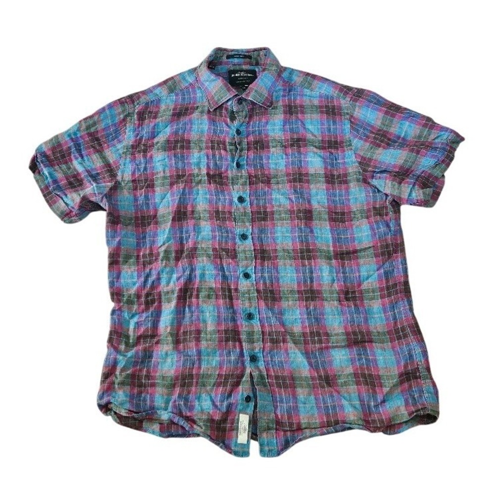 Rodd & Gunn Mens XL Linen Plaid Short Sleeve Button Down Shirt Sports Fit Italy
